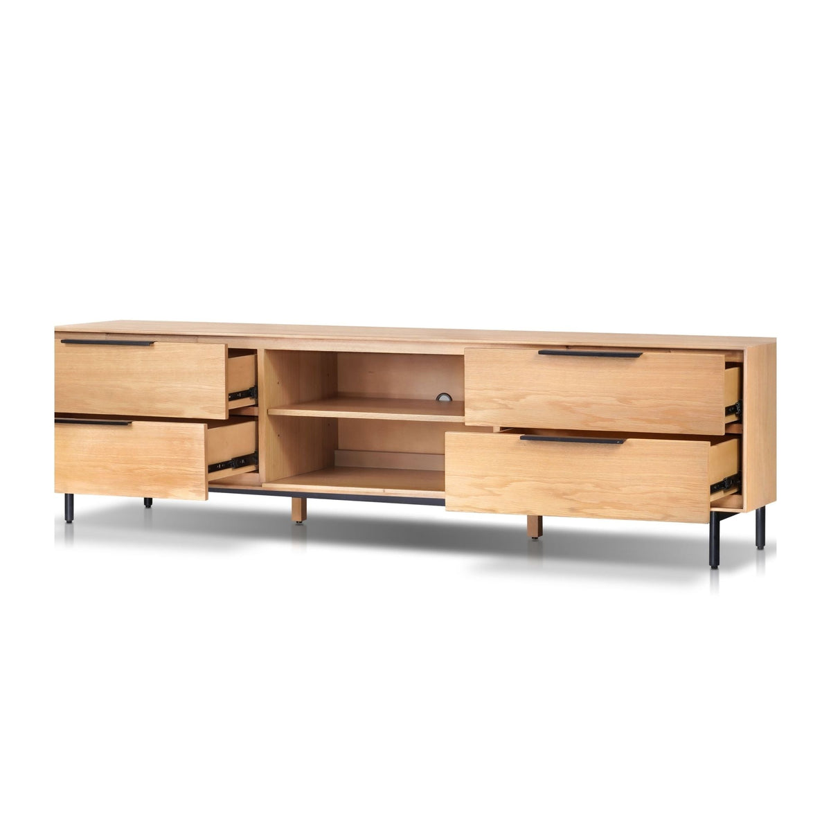 Akira TV Console with Dovetail Drawers and Open Shelves, Light Oak – view 3