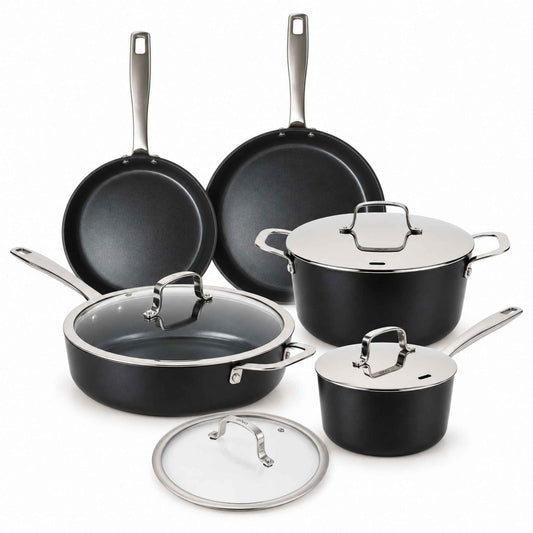 9-piece ceramic nonstick cookware set with frying pans, saucepan, stock pot and glass lids