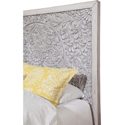 Aria Carved Floral Panel Bed in Weathered White Finish – view 4