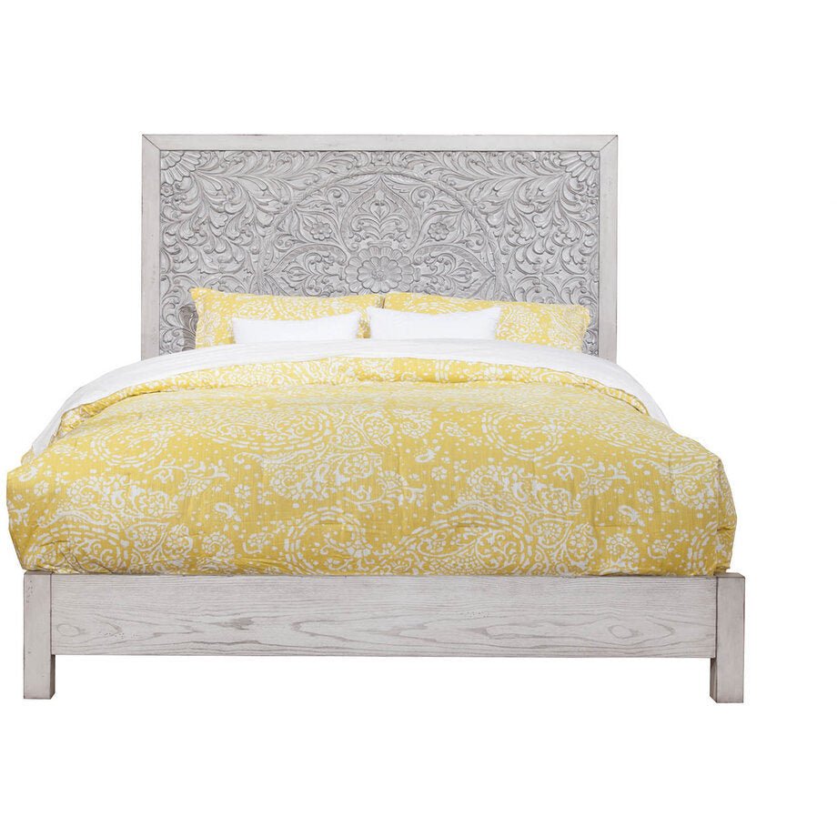 Aria Carved Floral Panel Bed in Weathered White Finish – view 3