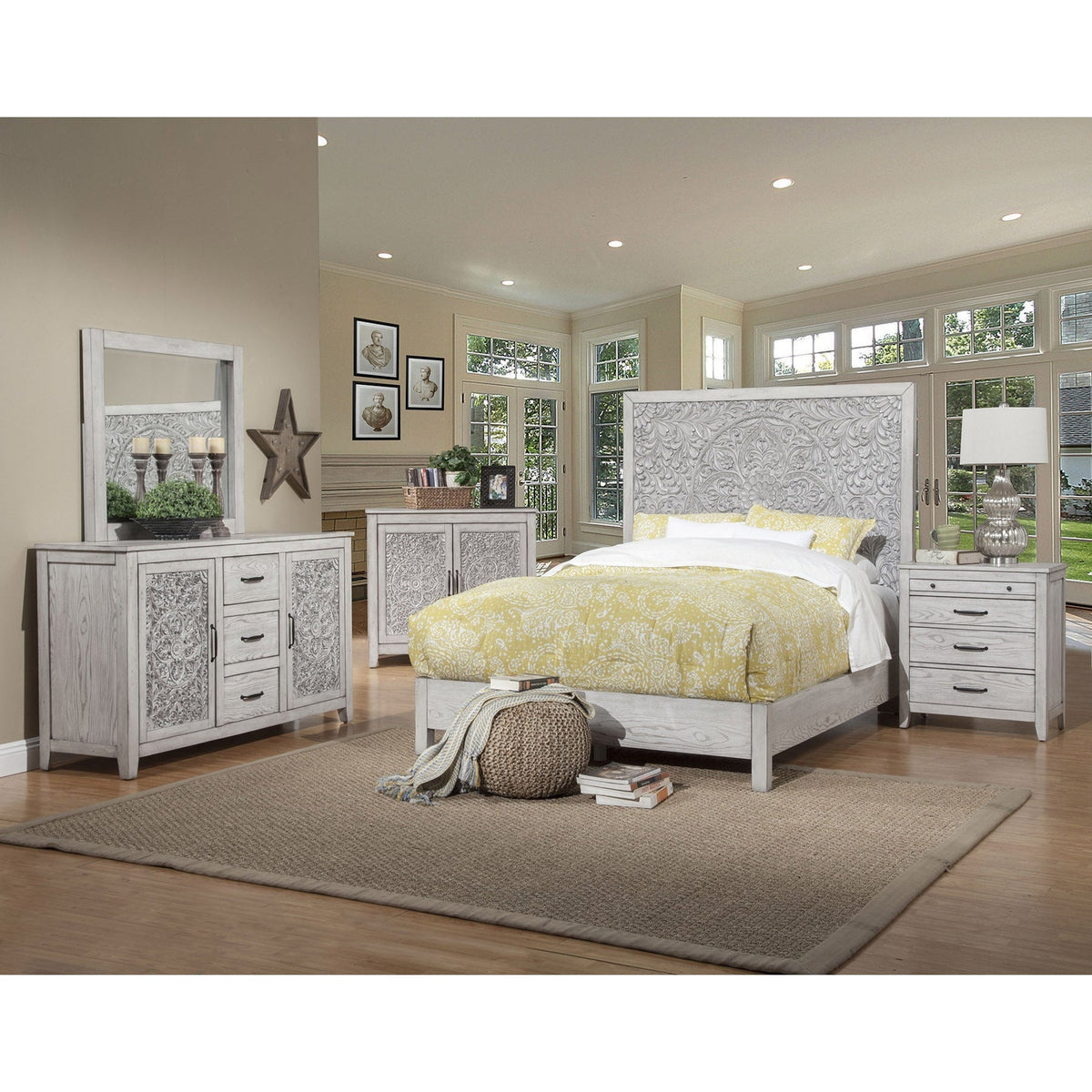 Mahogany & Okume Veneer Aria Panel Bed, Weathered White
