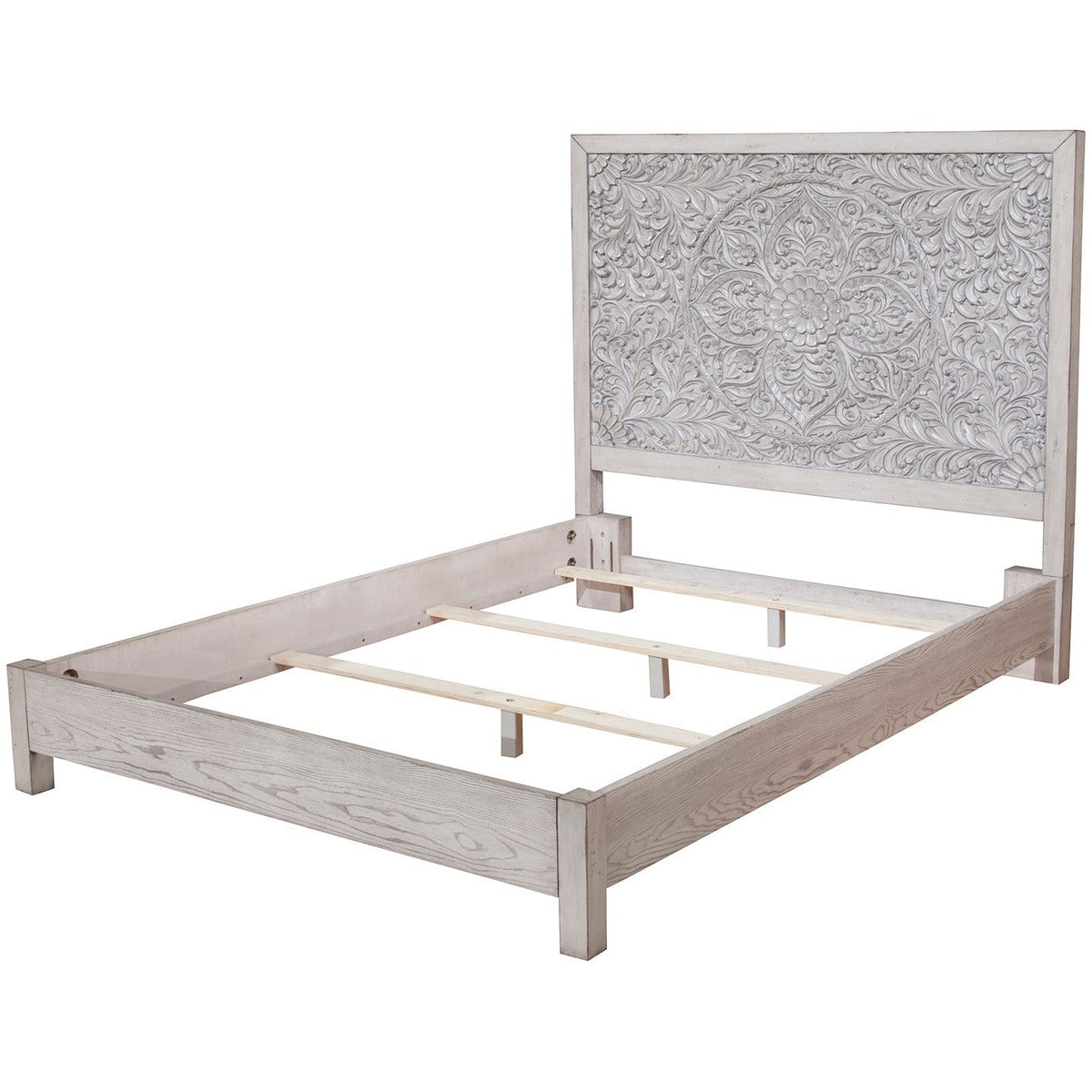 Aria Carved Floral Panel Bed in Weathered White Finish – view 6