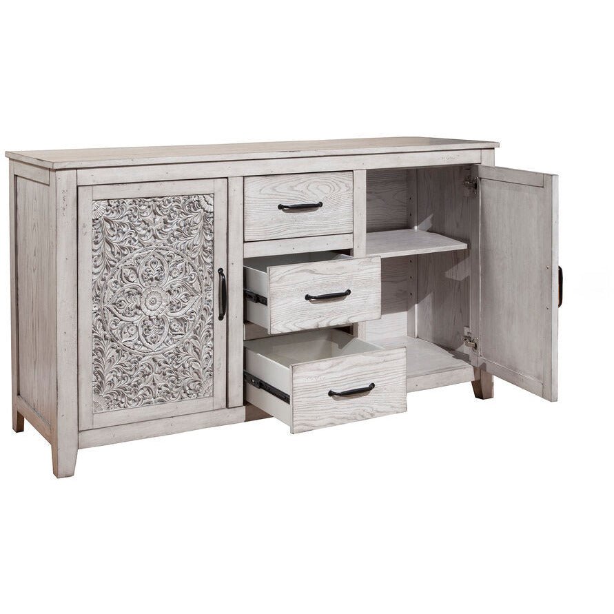 Aria Vintage Dresser with Carved Floral Doors, Weathered White – view 4