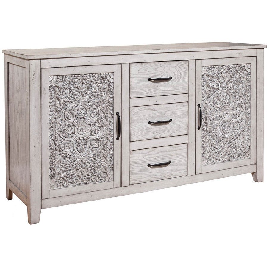 Aria Vintage Dresser with Carved Floral Doors, Weathered White – view 3
