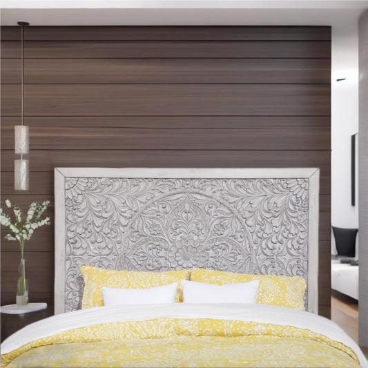 Solid Mahogany and Okume Veneer Aria Headboard with Carved Floral