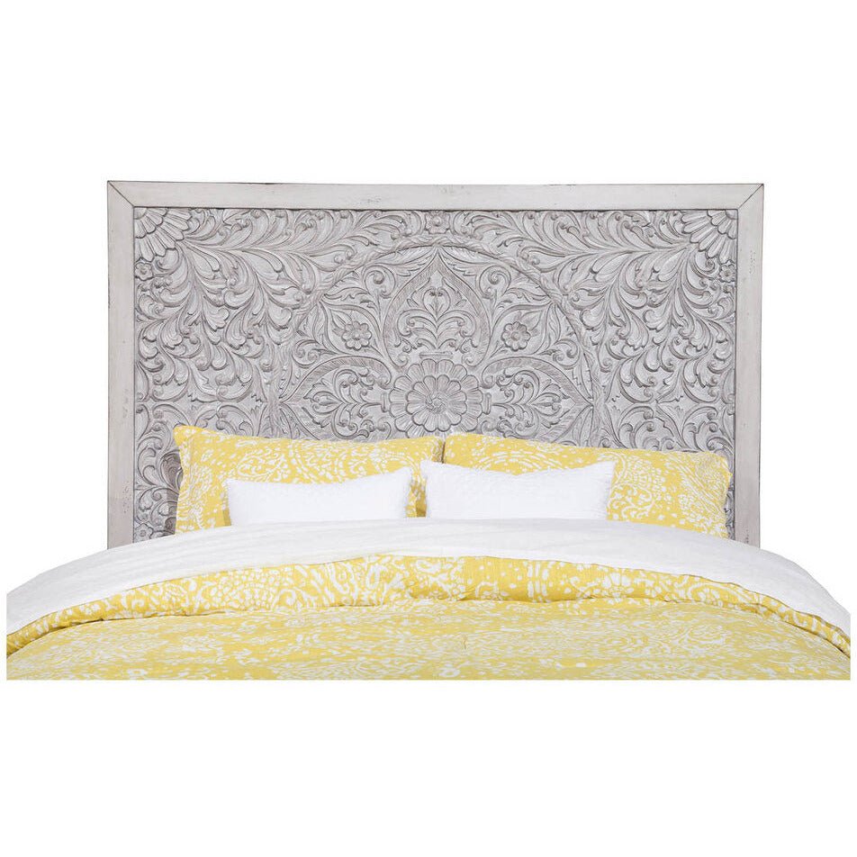 Aria Carved Floral Mahogany Headboard in Weathered White – view 2