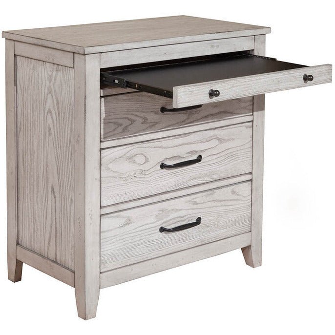 Aria 3-Drawer Nightstand in Weathered White with Pull-Out Shelf – view 3