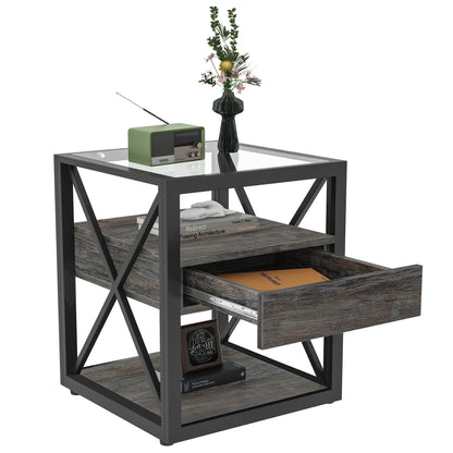 Industrial End Tables with Drawer and Glass Top, Set of 2 Nightstands – view 15