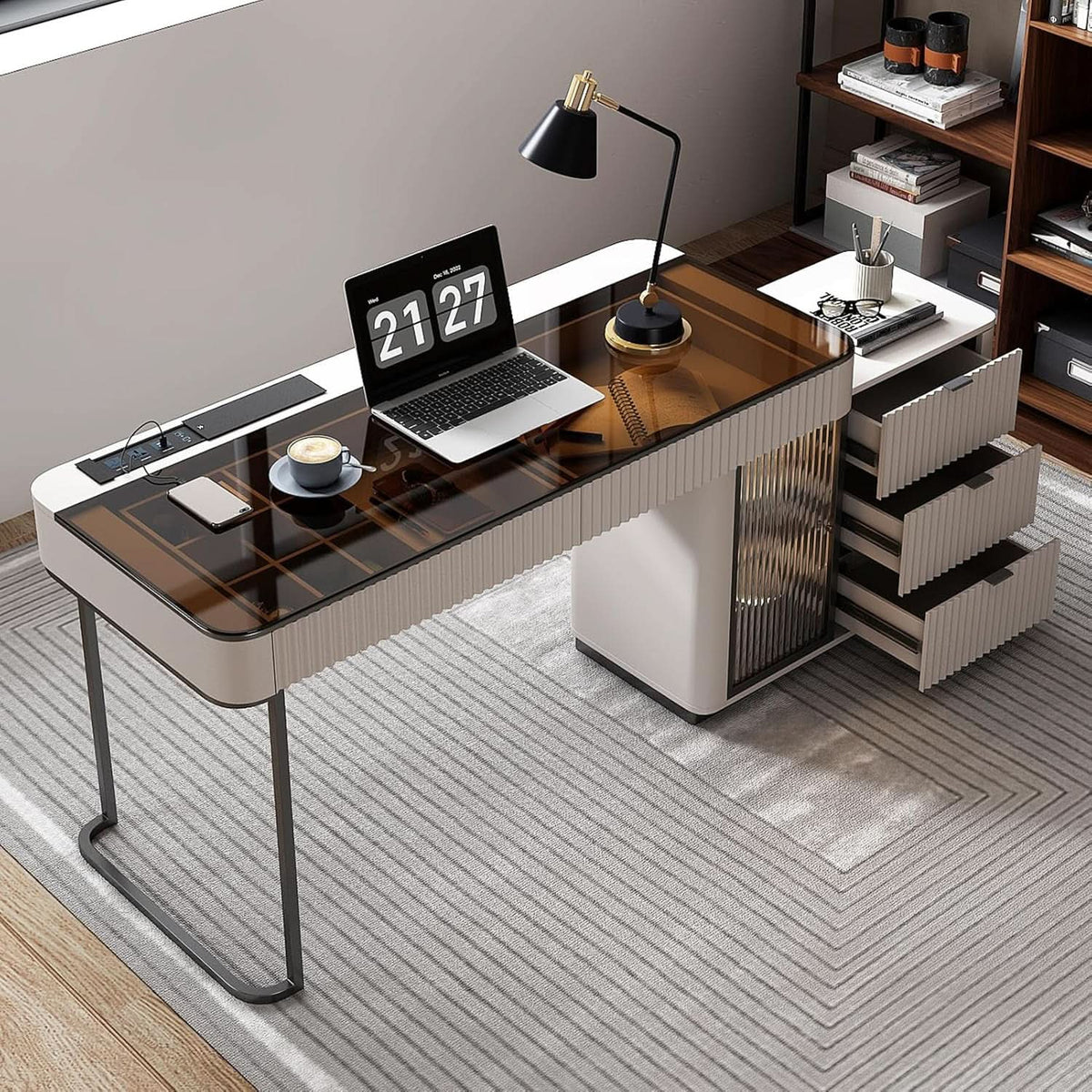 Ivory 50-Inch Glass Top Computer Desk with Storage Cabinet and LED Light – view 5