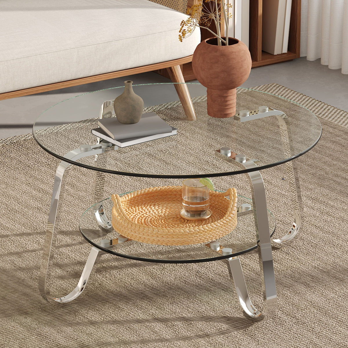 Double Layer Tempered Glass Coffee Table with Metal Frame – view 10
