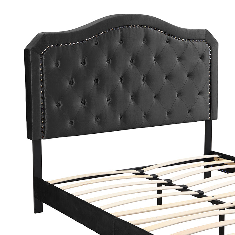 Queen Velvet Upholstered Bed with Button-Tufted Curved Headboard and LED – view 10