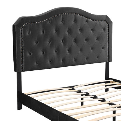 Queen Velvet Upholstered Bed with Button-Tufted Curved Headboard and LED – view 10