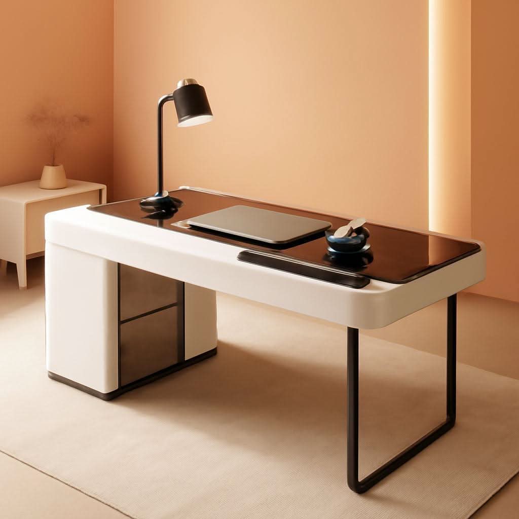 Ivory MDF and Glass 50 Inch Office Desk with Integrated Cabinet and