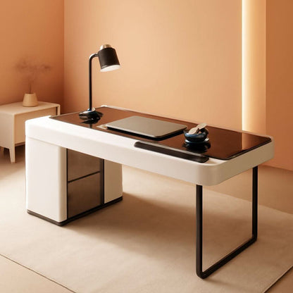 Ivory MDF and Glass 50 Inch Office Desk with Integrated Cabinet and