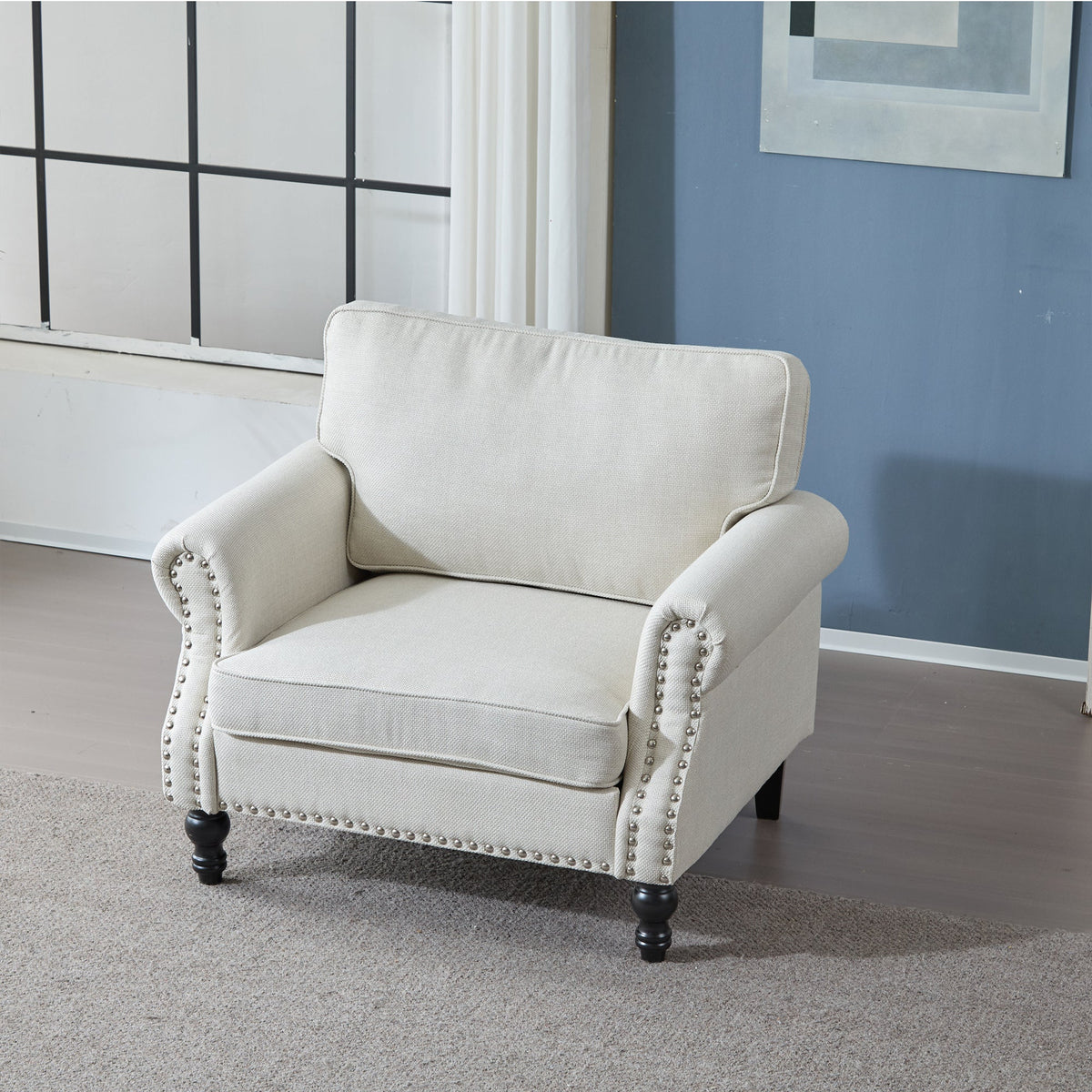 Beige Faux Leather Rolled Arm Accent Chair with Nailhead Trim – view 4