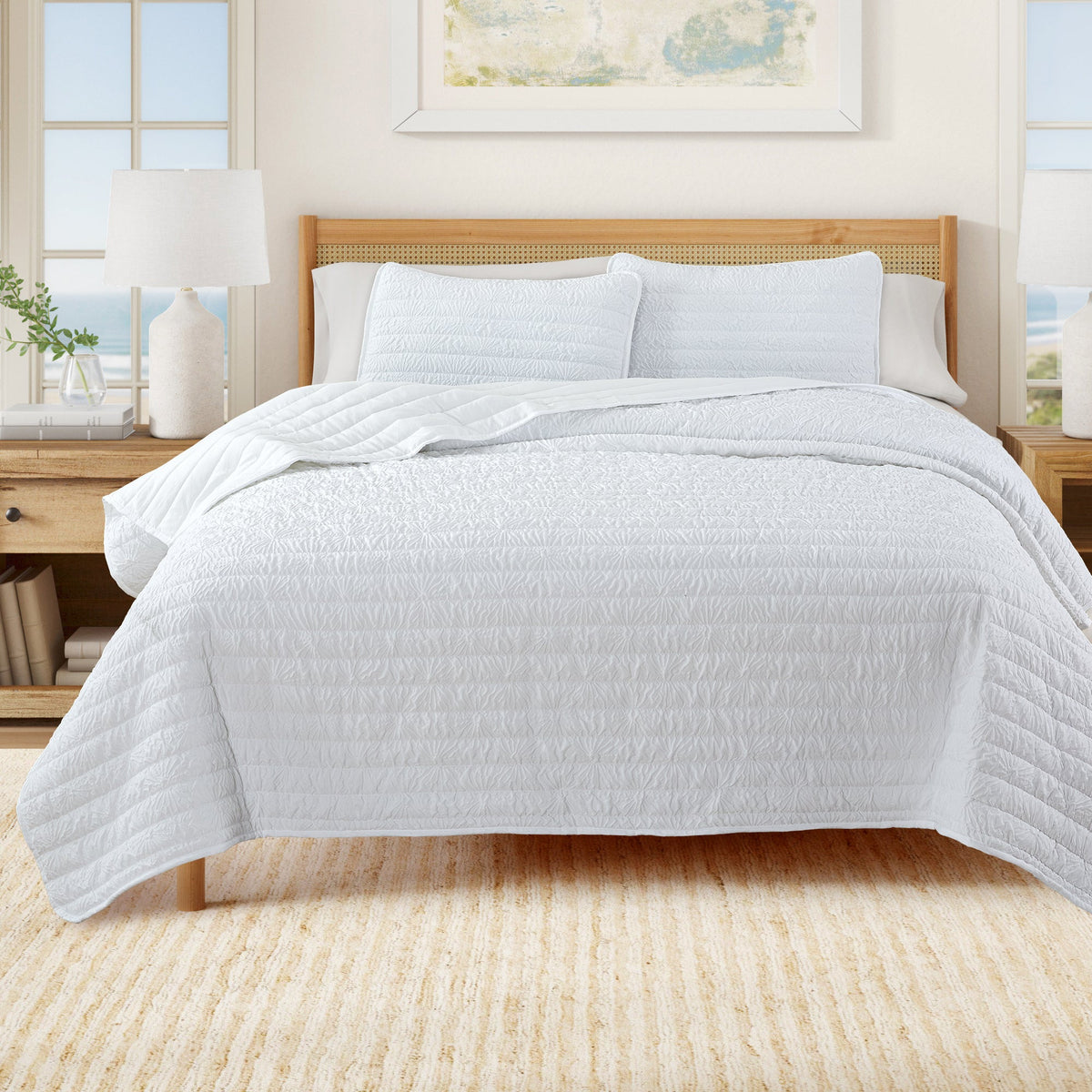 White Embossed Floral Quilt Set