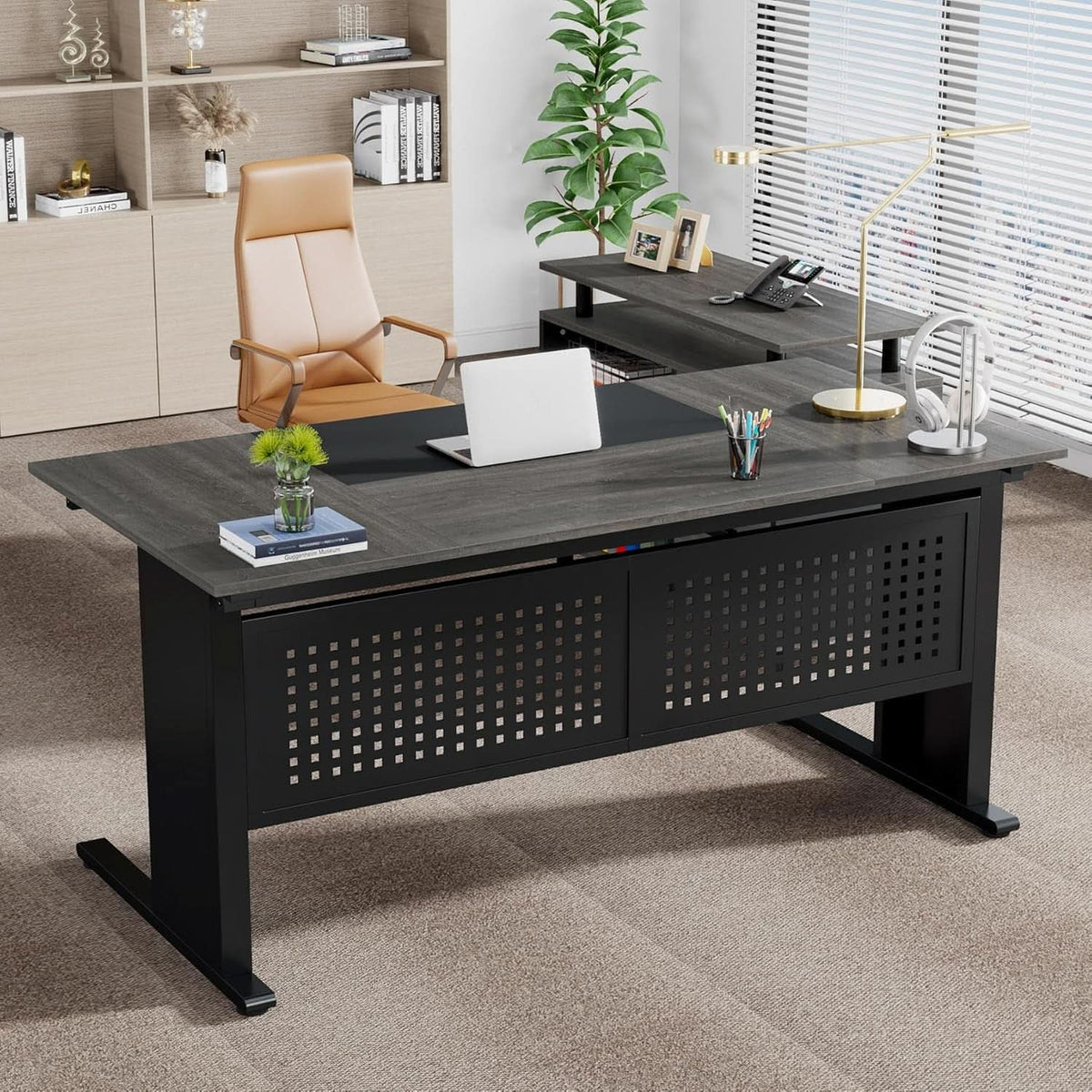 63-Inch Executive Desk with File Cabinet and Open Shelves – view 8