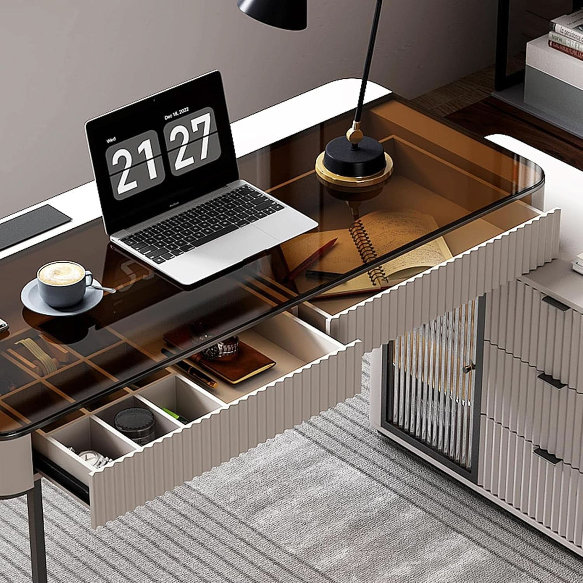 Ivory 50-Inch Glass Top Computer Desk with Storage Cabinet and LED Light – view 6
