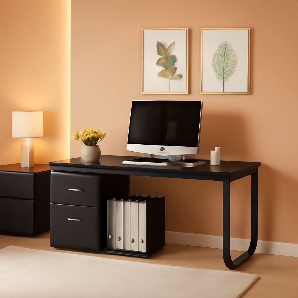 MDF L-Shaped Computer Desk with Storage Cabinet, 55.1 Inch Black