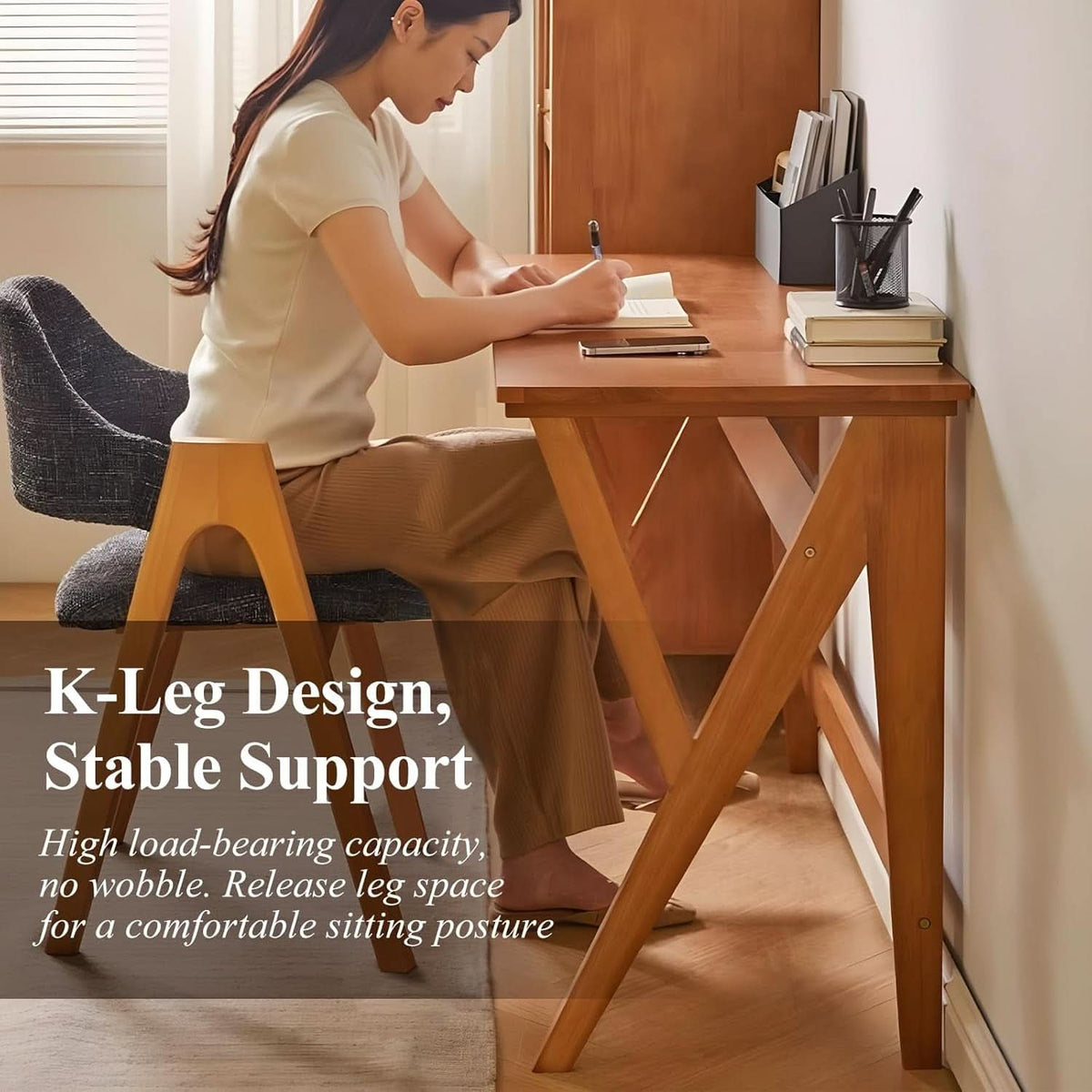 47-Inch Natural Oak Industrial Solid Wood Desk with K-Shaped Legs – view 6