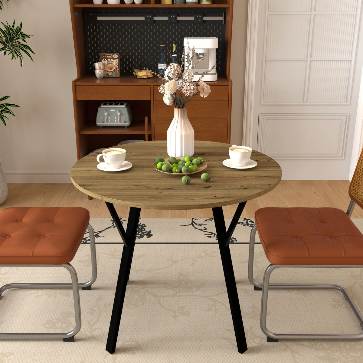 Industrial Round Dining Table for 2-4 with Metal Frame, Rustic Brown – view 2