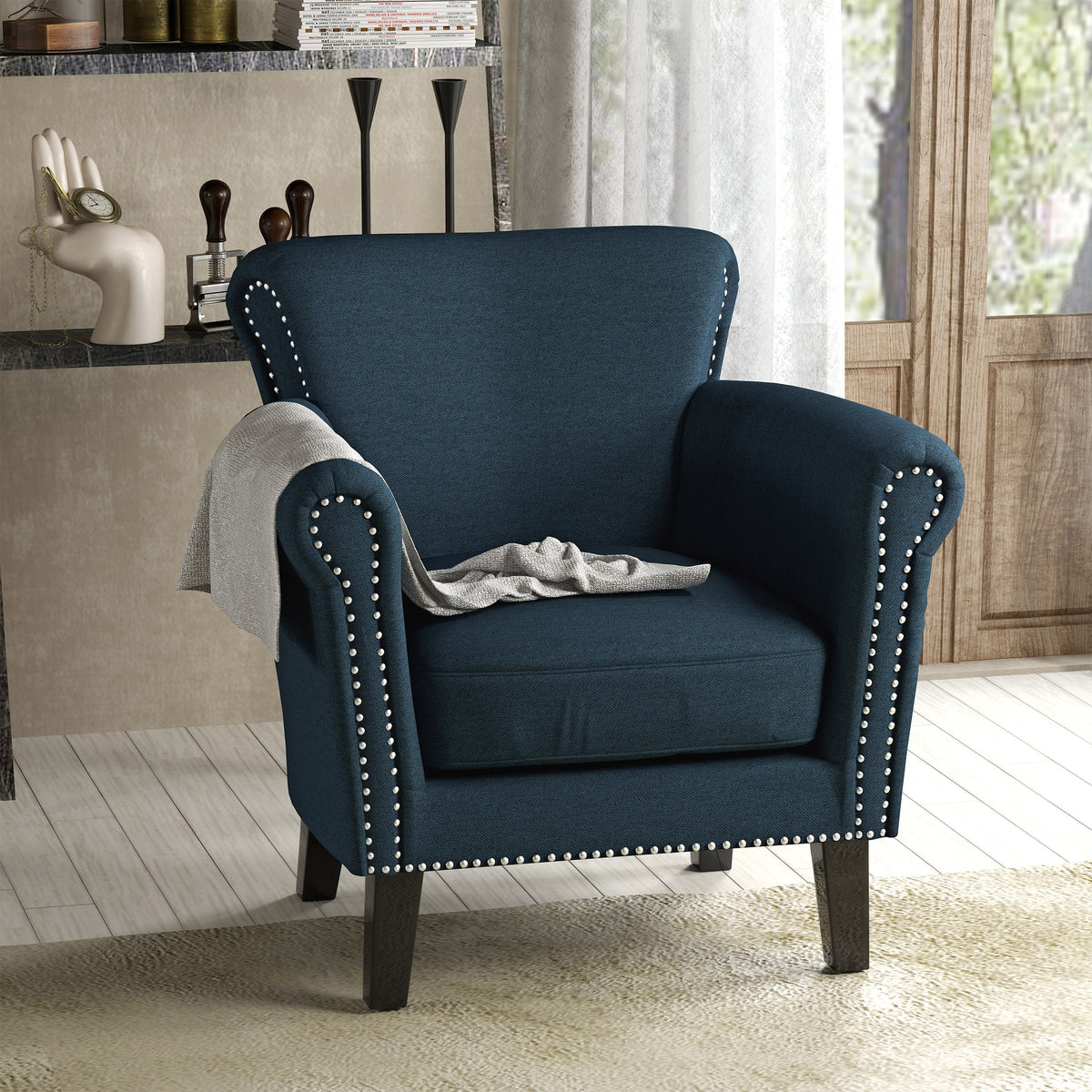 Navy Blue Fabric Club Chair with Nailhead Trim and Birch Wood Legs – view 2