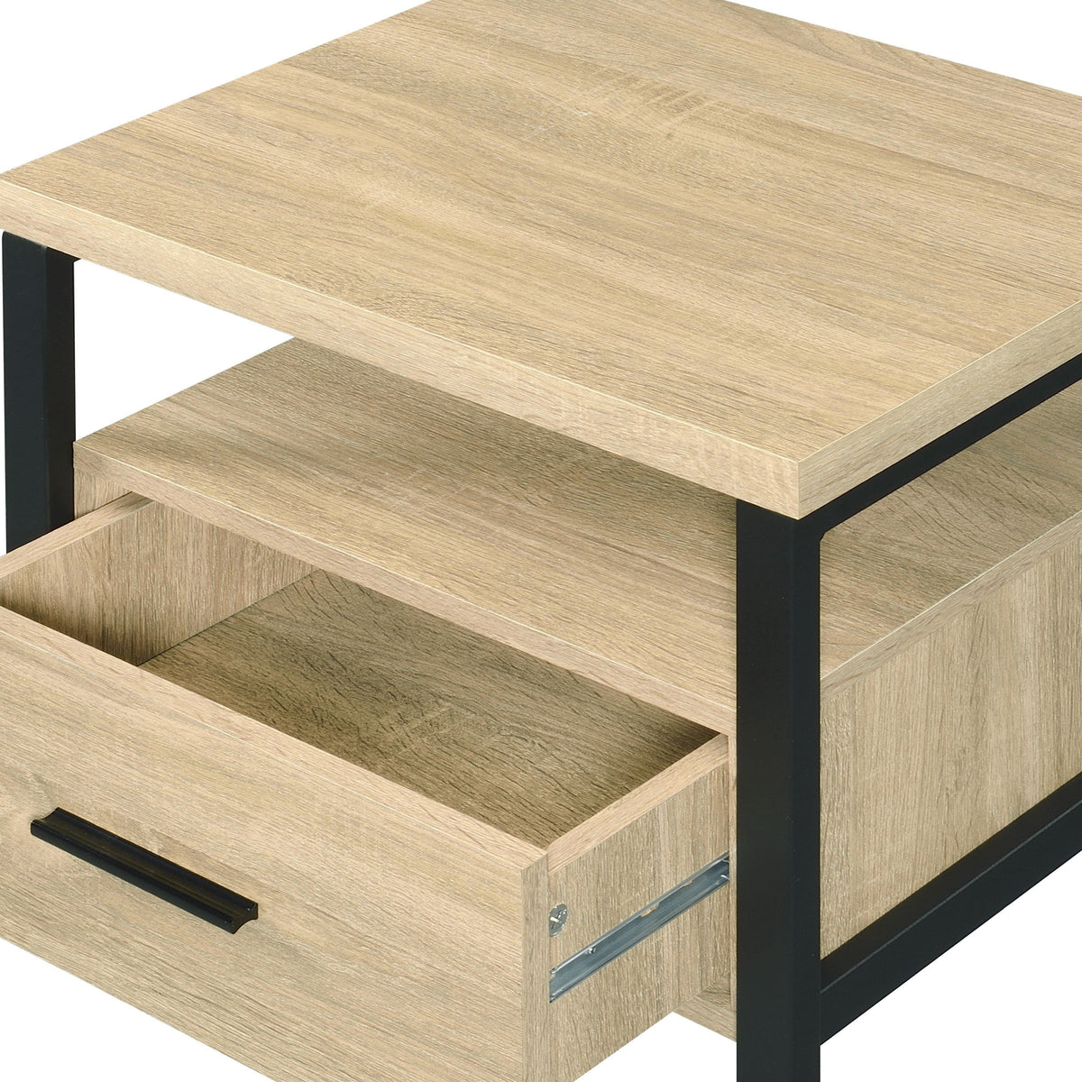 Modern Oak Finish Nightstand with Drawer, Open Shelf and Metal Legs – view 7
