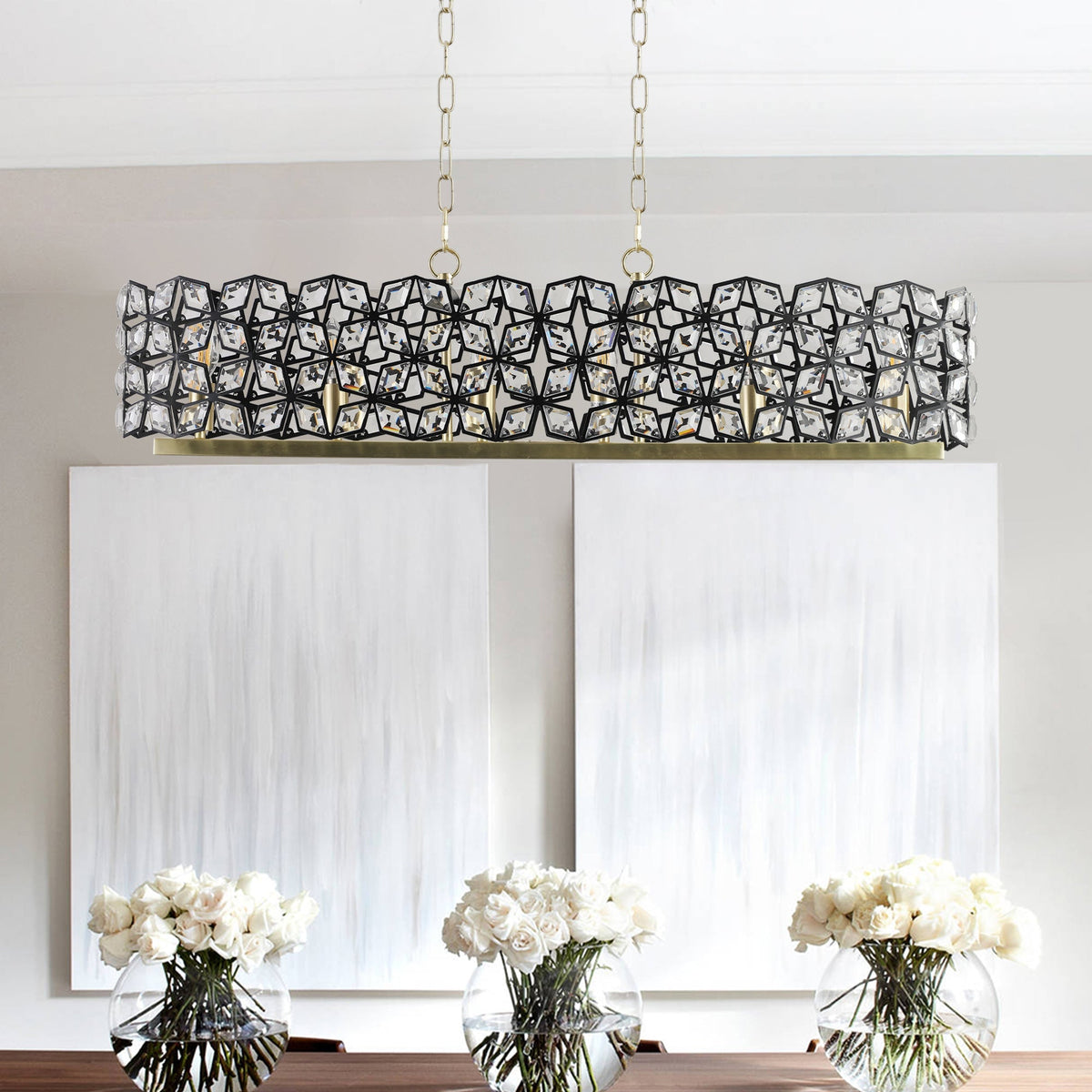 39" Contemporary K9 Crystal Linear Pendant Chandelier, Black and Gold – view 4