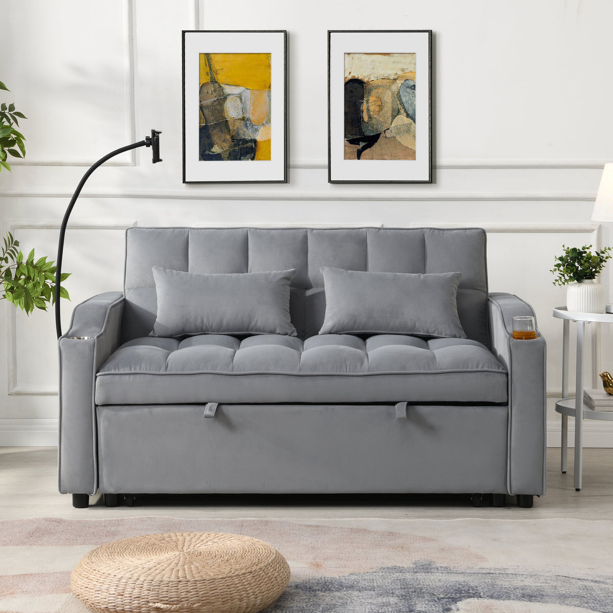 Light Gray Velvet Sleeper Loveseat with Pullout Bed and USB Ports – view 3