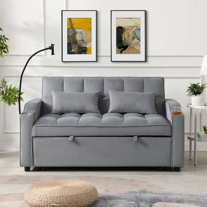 Light Gray Velvet Sleeper Loveseat with Pullout Bed and USB Ports – view 3