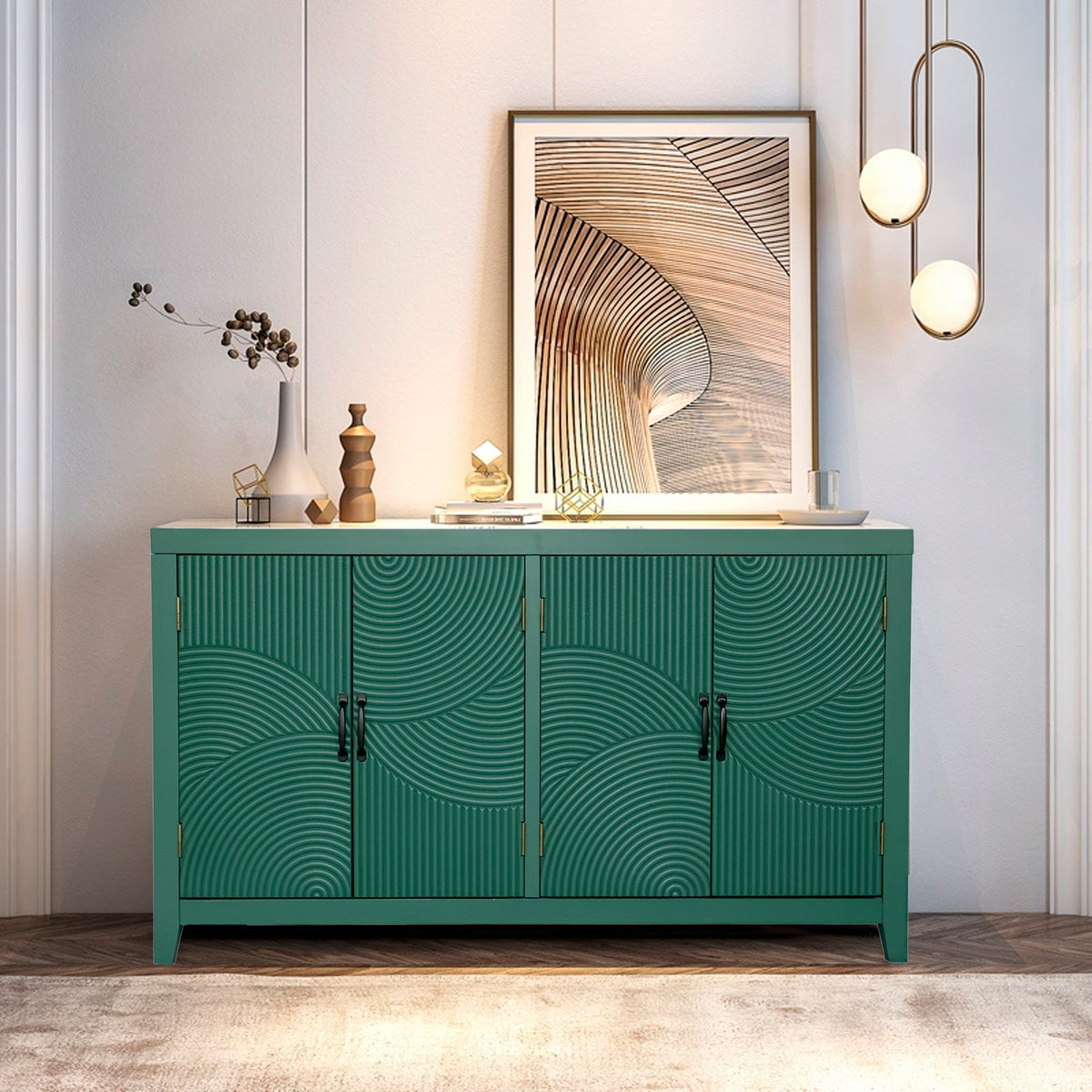 59 Inch Dark Green Mid-Century Modern Accent Cabinet with 4 Doors – view 4
