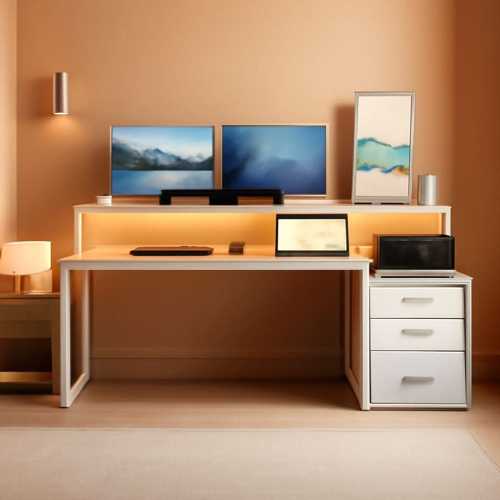 67-inch White Walnut Computer Desk with Integrated LED Lighting