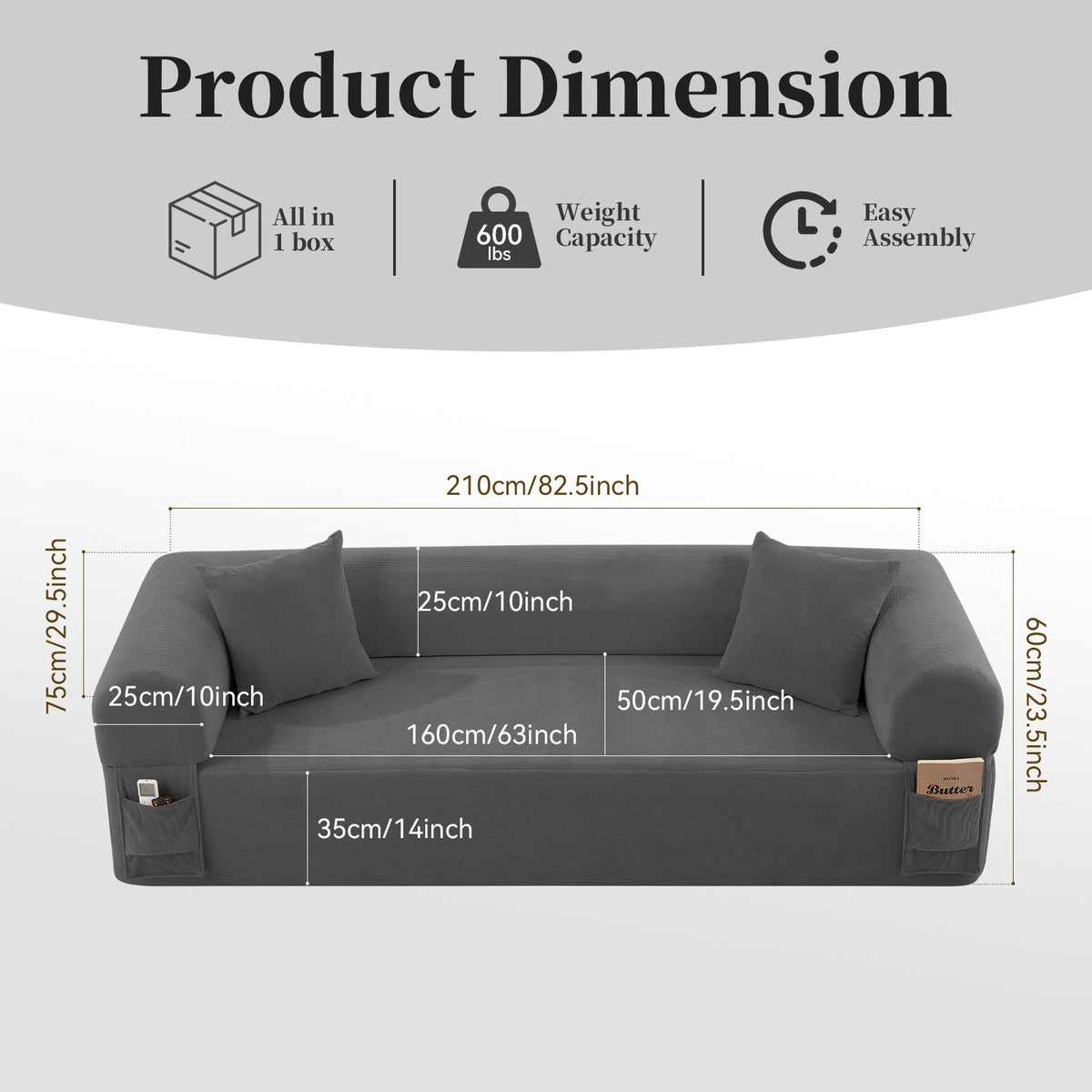 82.5 Inch Gray Fabric Spring Sofa with Storage Pockets and Pillows – view 5