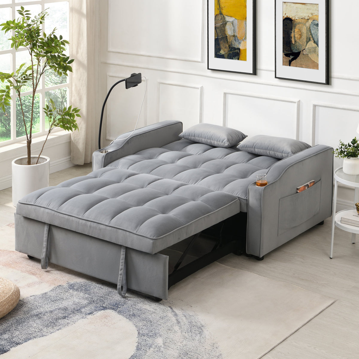 Light Gray Velvet Sleeper Loveseat with Pullout Bed and USB Ports – view 2