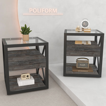 Industrial End Tables with Drawer and Glass Top, Set of 2 Nightstands – view 2