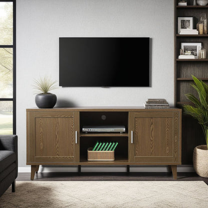 Walnut 60 inch TV stand with beadboard doors and open shelf in a modern living room