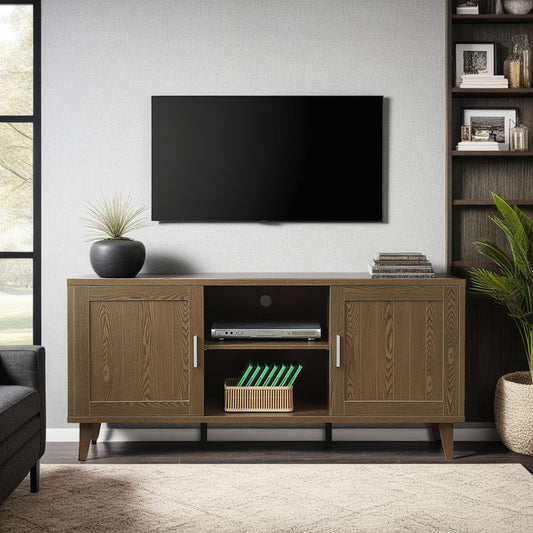 Walnut 60 inch TV stand with beadboard doors and open shelf in a modern living room