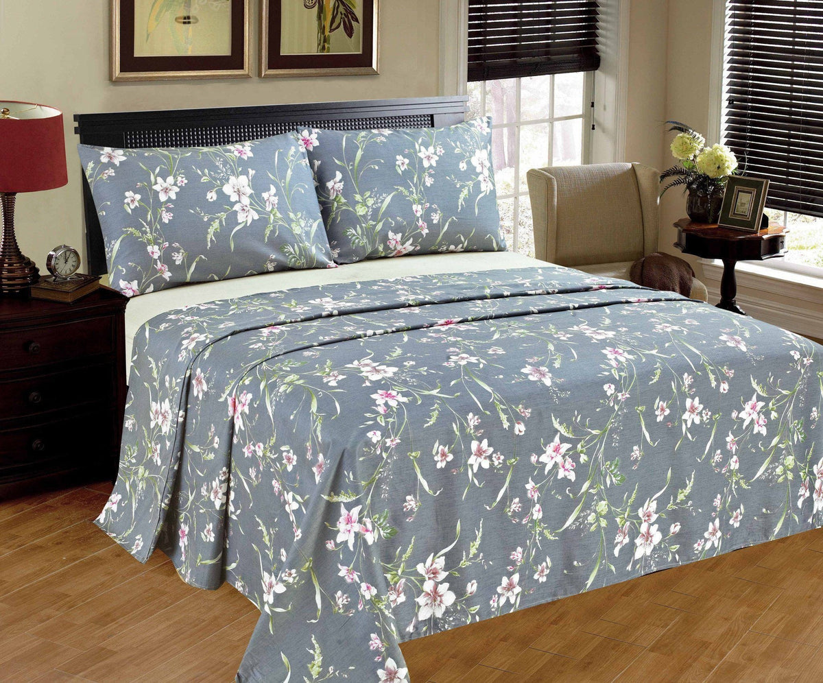 Grey Cherry Blossom Floral 100% Cotton Flat Sheet – view 8