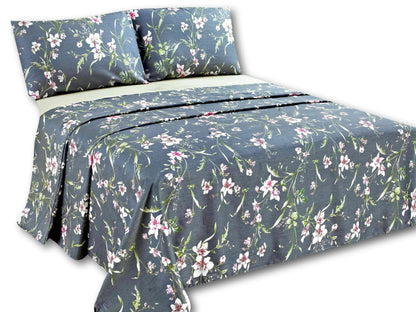 Grey Cherry Blossom Floral 100% Cotton Flat Sheet – view 3