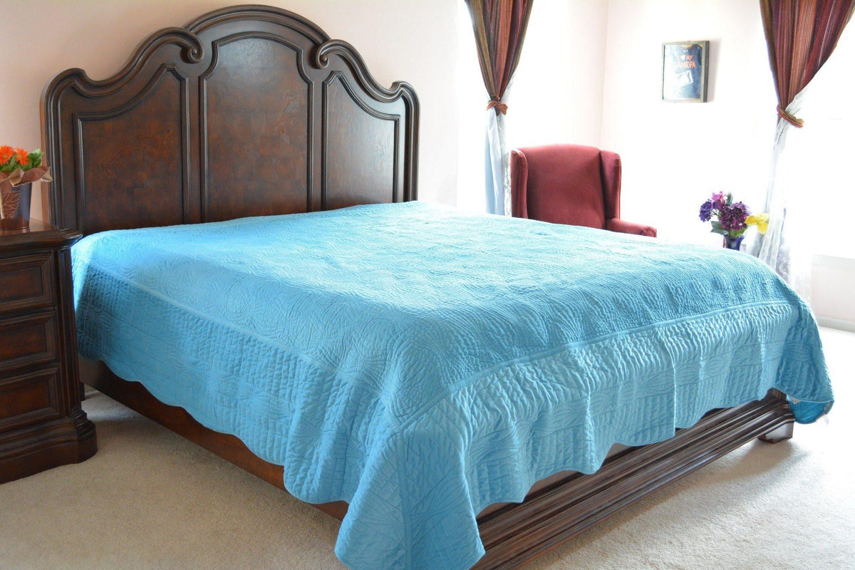 Blue Micro Fleece Quilted Bedspread Set with Scalloped Edges – view 2