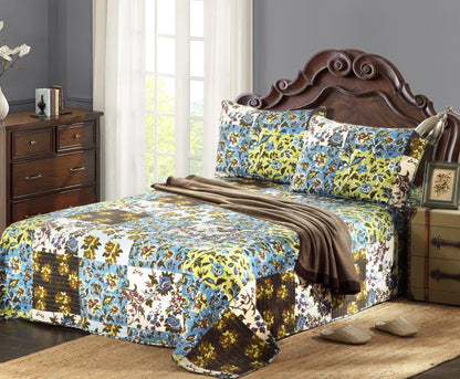 Mystical Forest Green and Blue Leaves Cotton Quilt Set – view 3