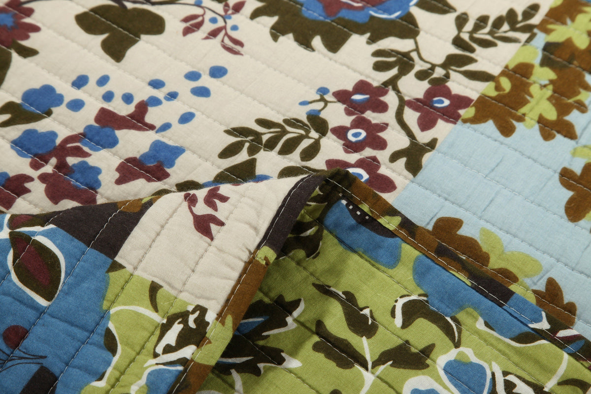 Mystical Forest Green and Blue Leaves Cotton Quilt Set – view 7