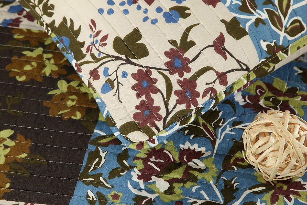 Mystical Forest Green and Blue Leaves Cotton Quilt Set – view 6