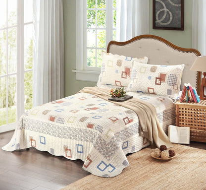 Geometric Cubic Squares Ivory Scalloped Retro Cotton Quilt Bedspread Set – view 12