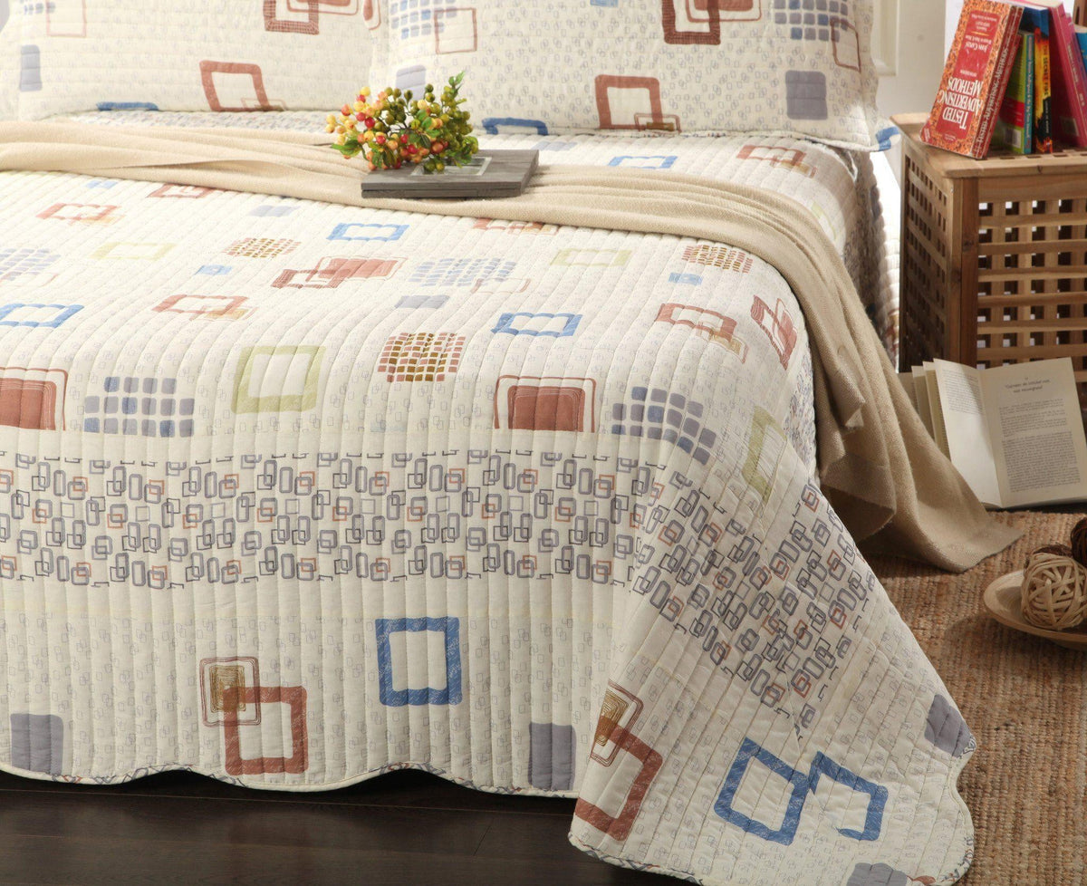 Geometric Cubic Squares Ivory Scalloped Retro Cotton Quilt Bedspread Set – view 5