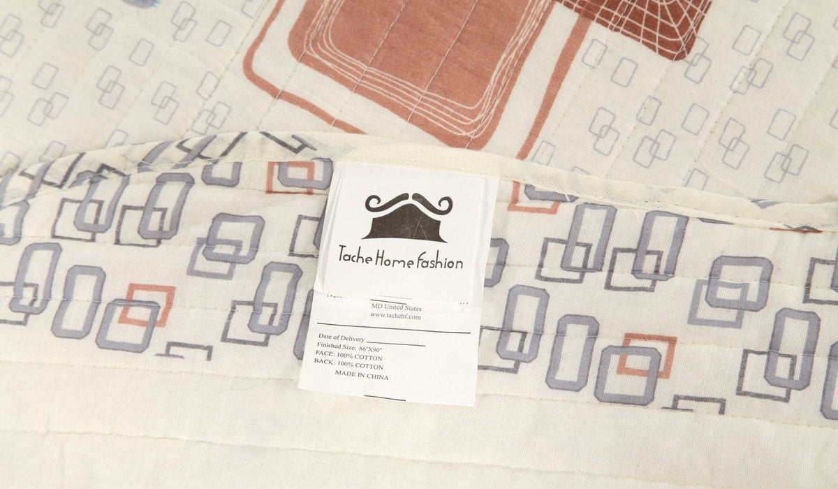 Geometric Cubic Squares Ivory Scalloped Retro Cotton Quilt Bedspread Set – view 11