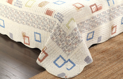 Geometric Cubic Squares Ivory Scalloped Retro Cotton Quilt Bedspread Set – view 7