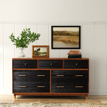 Mahogany and Rattan Belham Dresser with Dark Walnut Finish