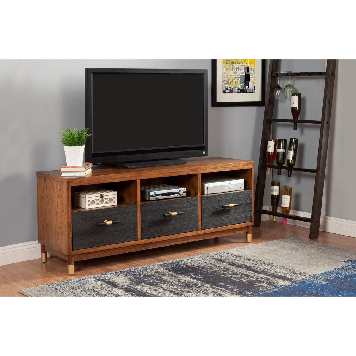 Dark Walnut and Black Belham TV Console with Storage Drawers