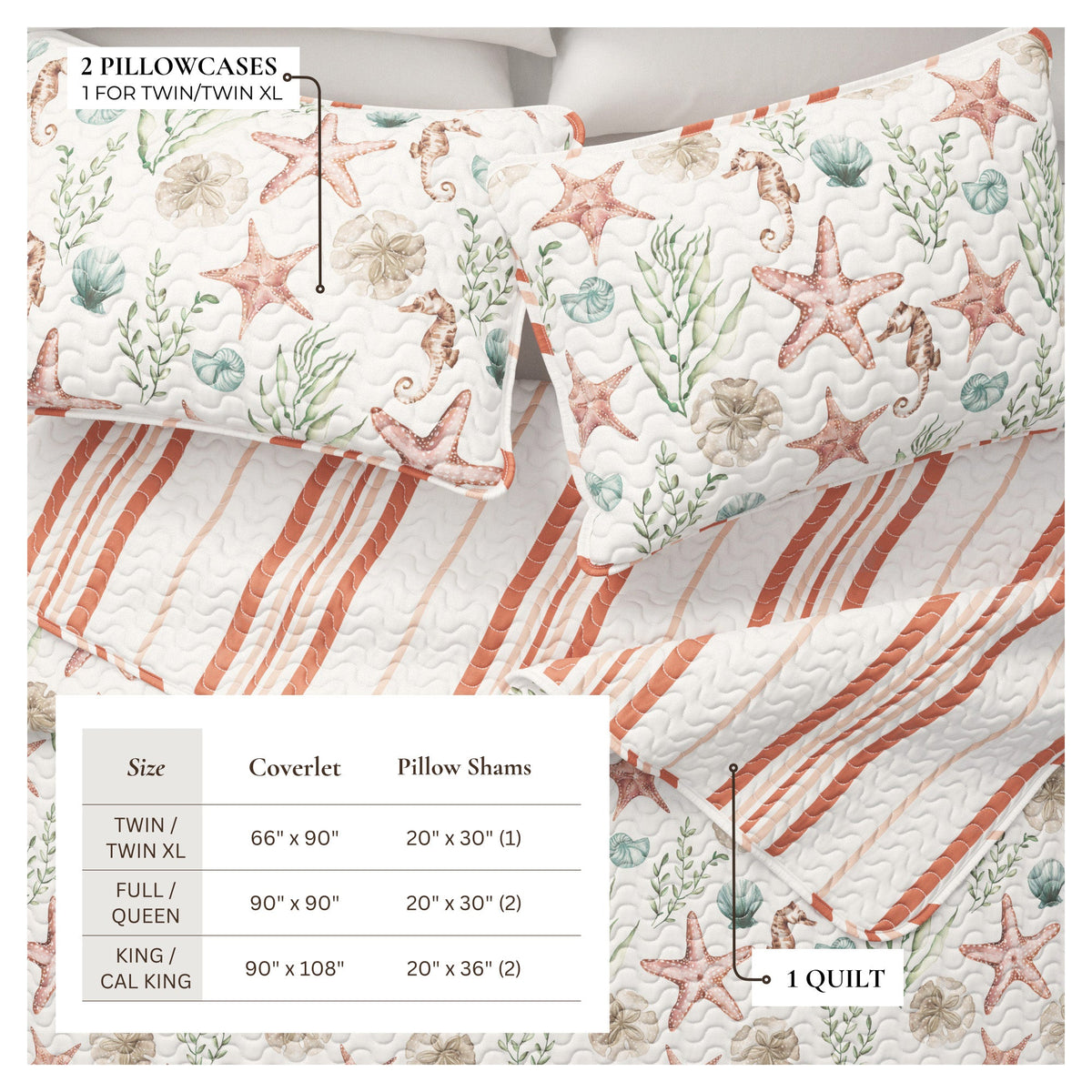Castaway Seahorse and Shells Reversible Coastal Quilt Set – view 3